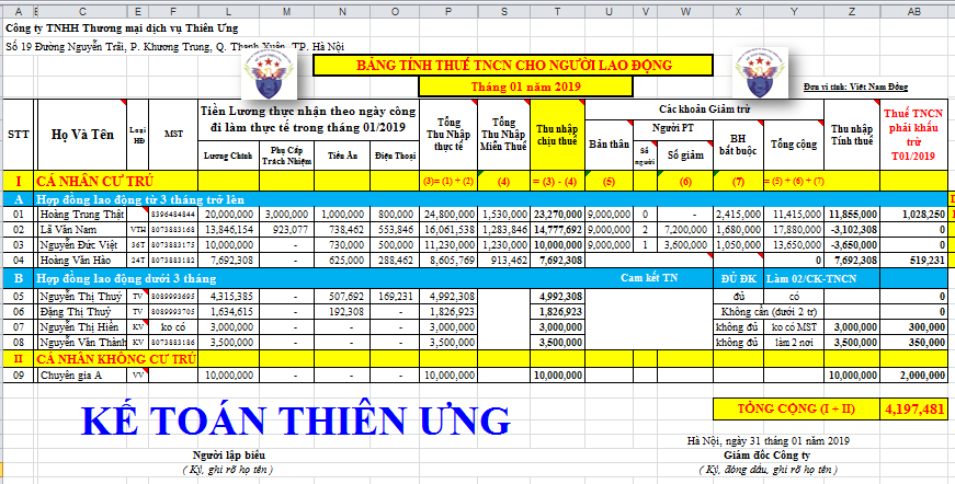 Mẫu bảng tính thuế TNCN mới nhất năm 2019 Mẫu bảng tính thuế TNCN mới nhất năm 2019