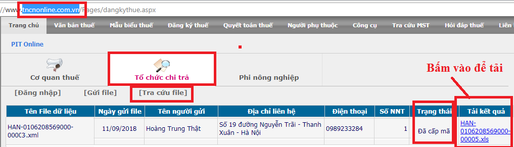 Kết quả đăng ký mã số thuế TNCN Kết quả đăng ký mã số thuế TNCN