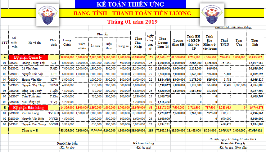 Cách Tính Lương Làm Bảng Lương Hàng Tháng Trên Excel 2019